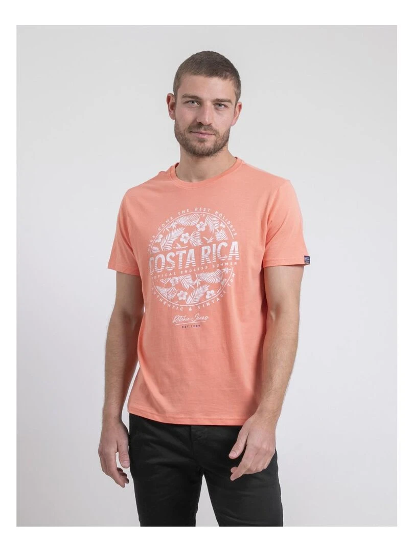 T shirt col rond pur coton NEVOLTA Orange corail