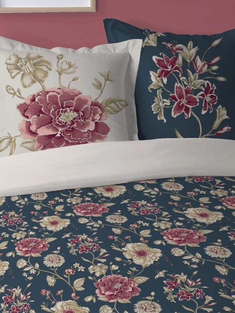 Housse de couette Flore + taie(s) coton 57 fils Bleu