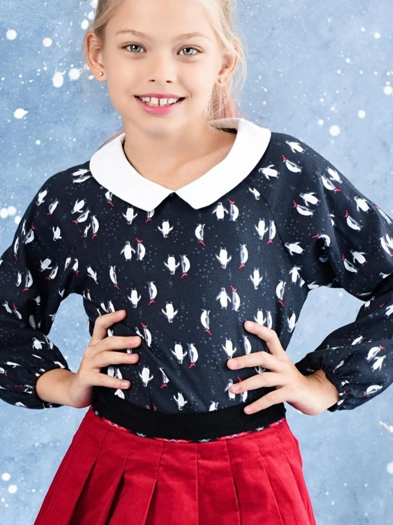 Blouse de Noël pour Fille Imprimé Fantaisie Pingouin col CLAUDINE 'LA FAUTE A VOLTAIRE' Rouge