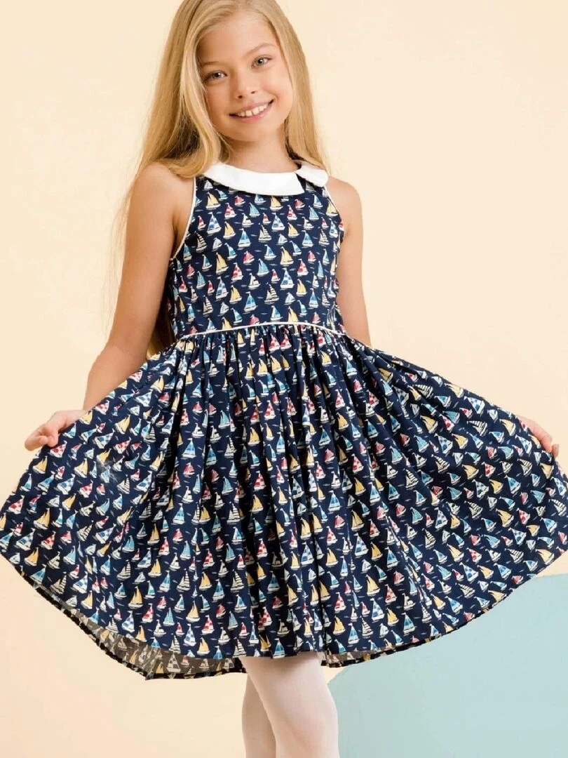 Robe Qui Tourne Fille Bleu Marine imprimé Voiliers HEPBURN La Faute à Voltaire Bleu marine