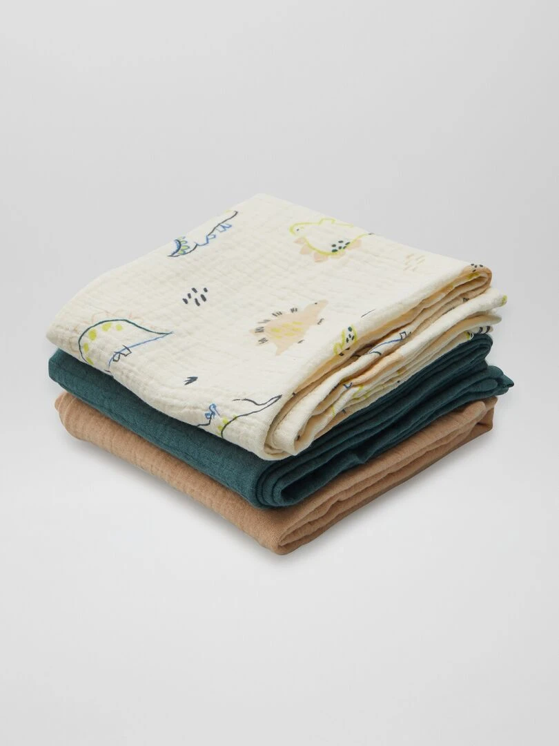 Lot de 3 langes en gaze de coton Vert/beige