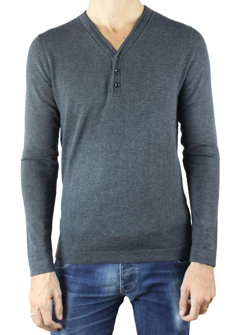 Pull col V boutonné Kebello Gris