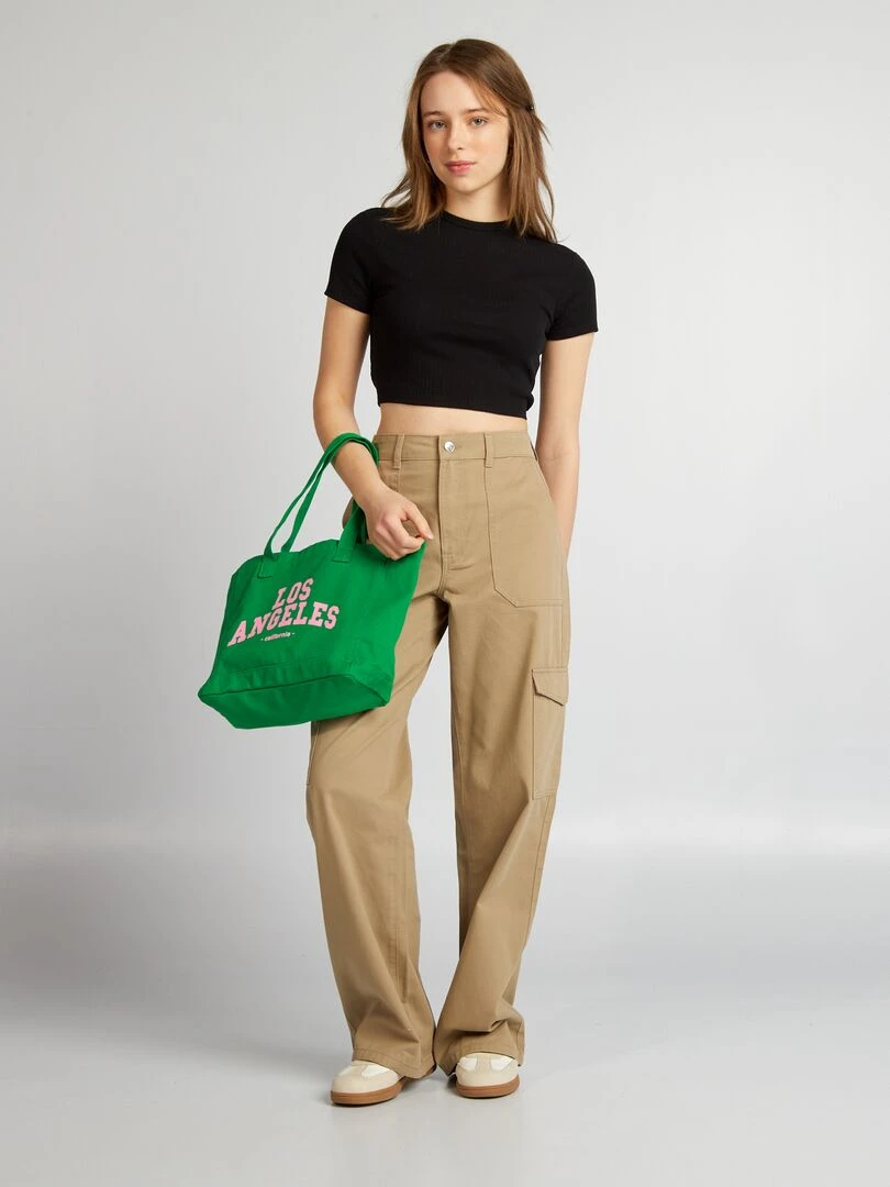 T shirt cropped côtelé avec liens noir