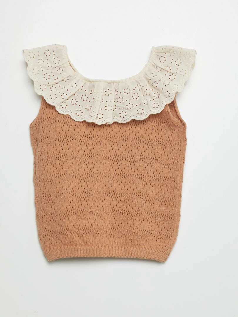 Pull sans manches en broderie anglaise Marron