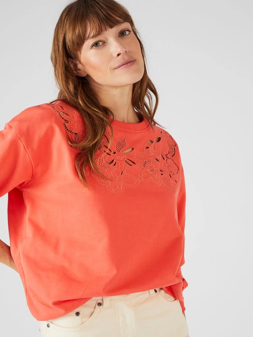 Sweat broderie et guipure Happy D. by Damart Orange corail