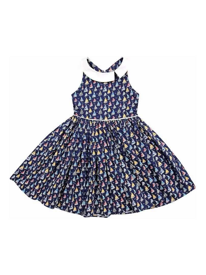 Robe Qui Tourne Fille  Bleu Marine imprimé Voiliers  HEPBURN   La Faute à Voltaire   Bleu marine