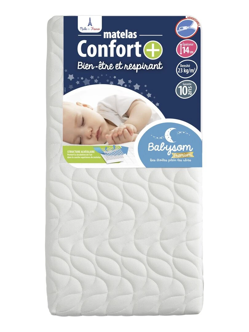 Matelas Enfant/Bébé Confort+ 70x140x14 cm Circulation Parfaite de l'air Confort Déhoussable Blanc