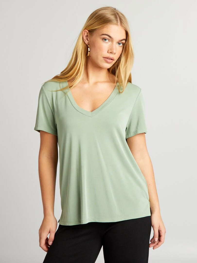T shirt stretch à col V   Vert