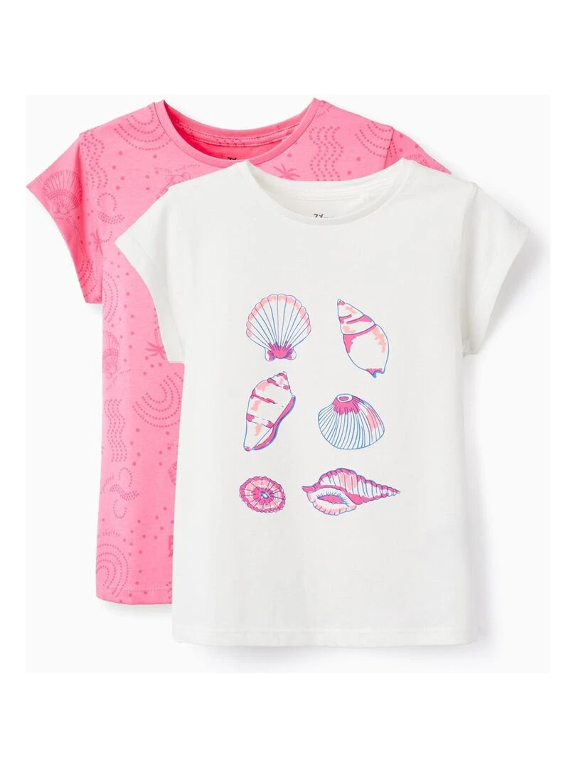 2 T shirts en Coton pour Fille 'Coquillages' manches courtes EXPLORING AUSTRALIA Rose
