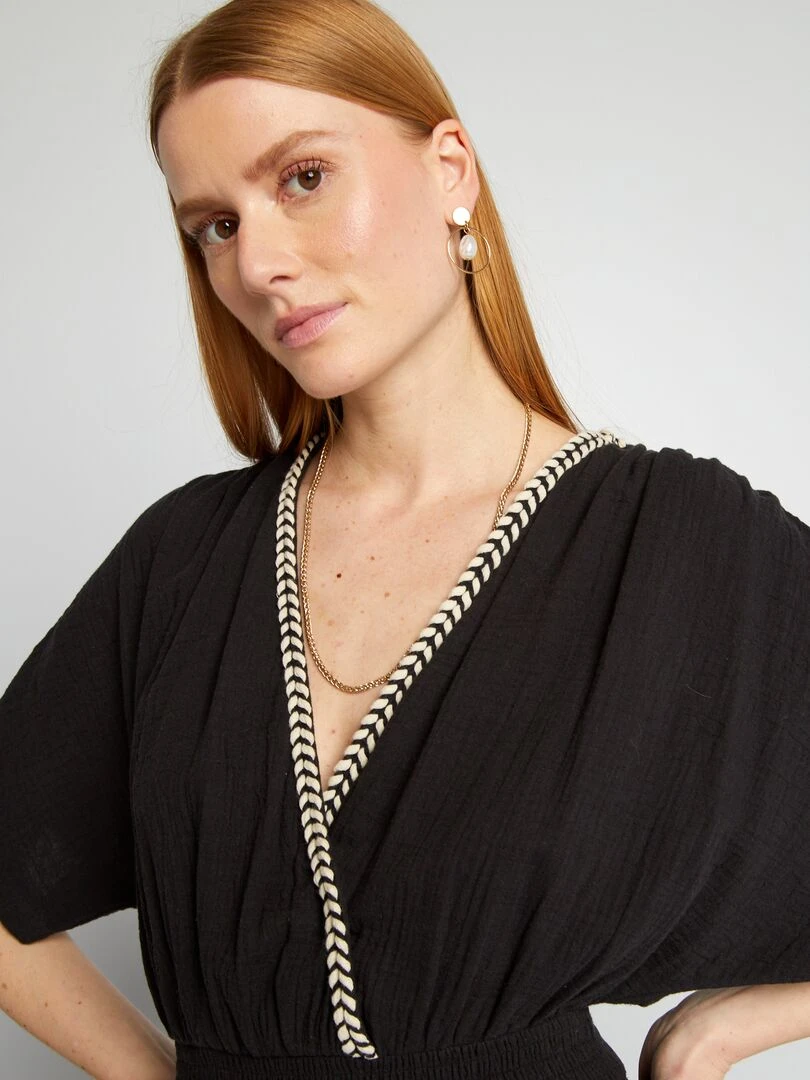Robe longue en gaze de coton tressée   noir