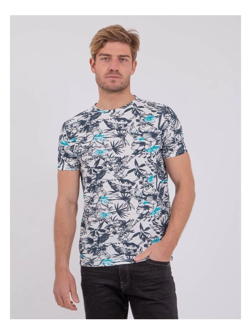 T shirt col rond pur coton NAKIWI Bleu turquoise
