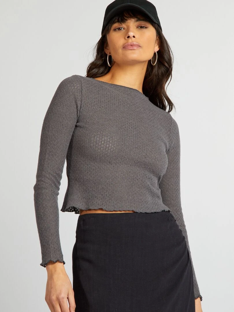 Tee shirt crop top ajouré Gris