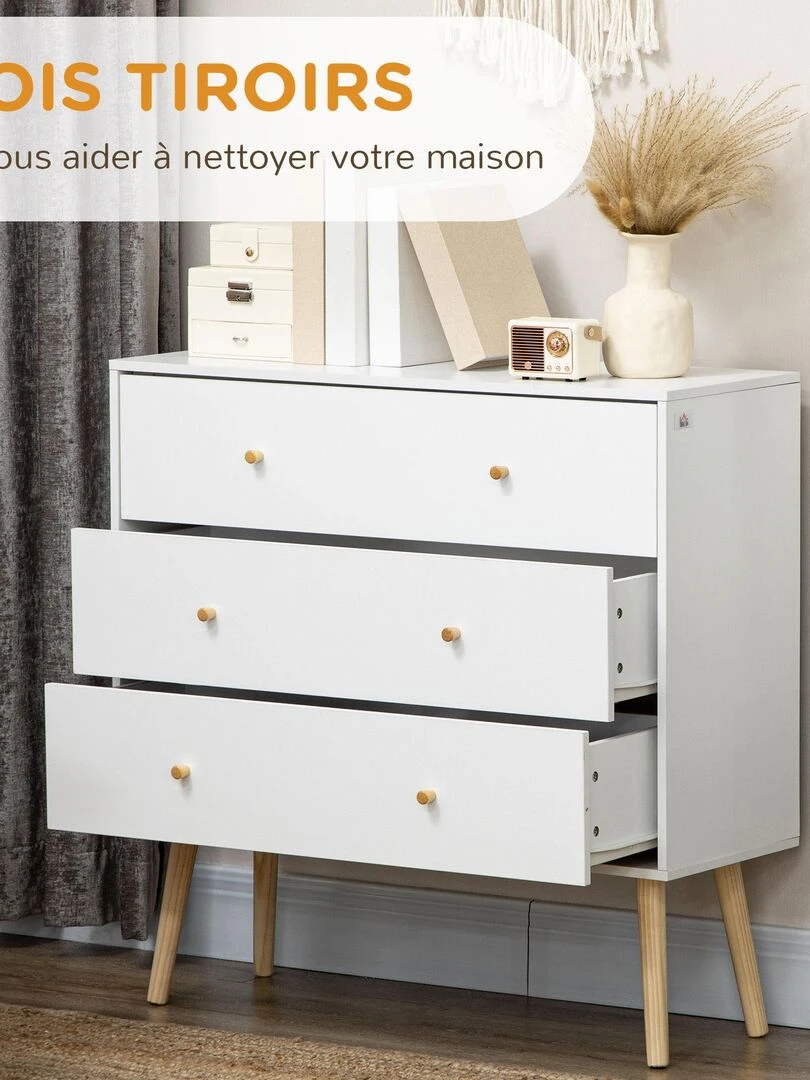 Commode 3 tiroirs design scandinave bois pin panneaux blanc   Blanc