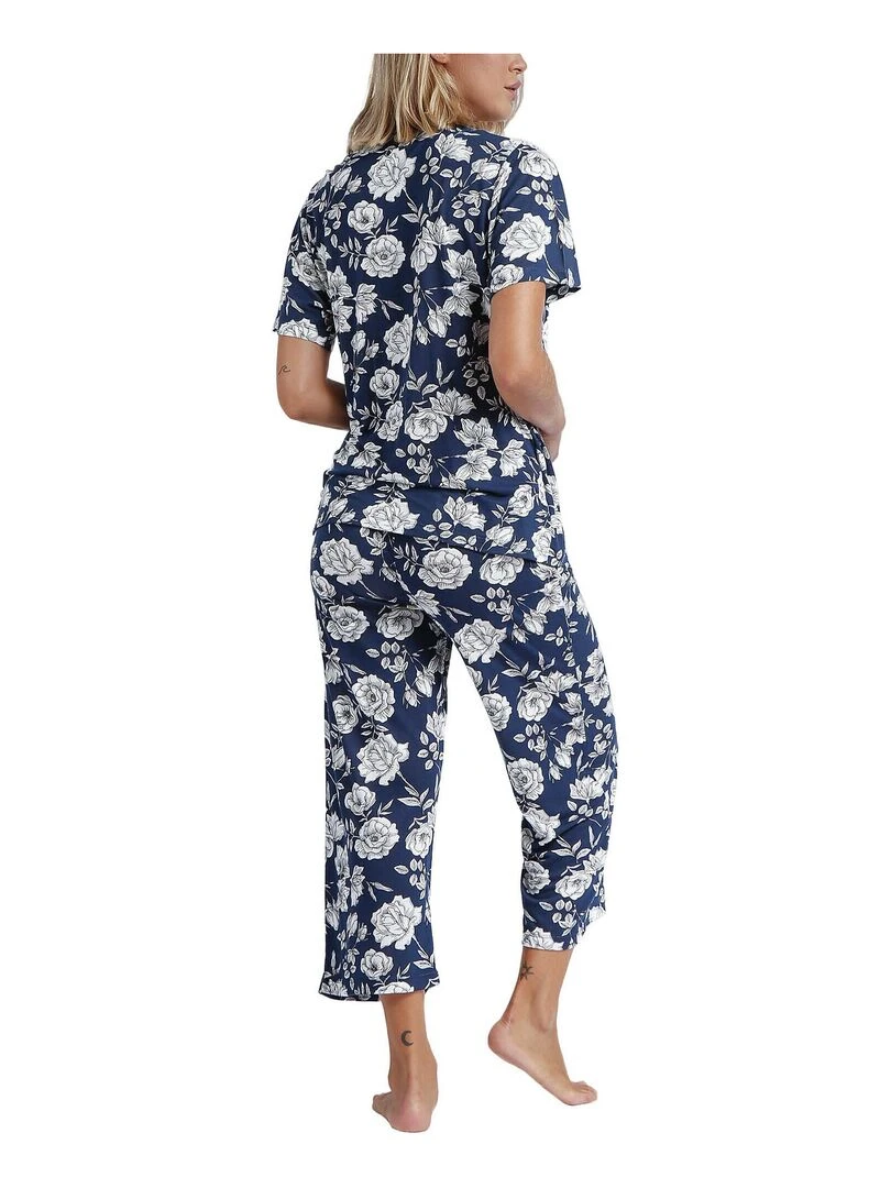 Pyjama pantalon palazzo top cache coeur Navy Flowers Bleu marine