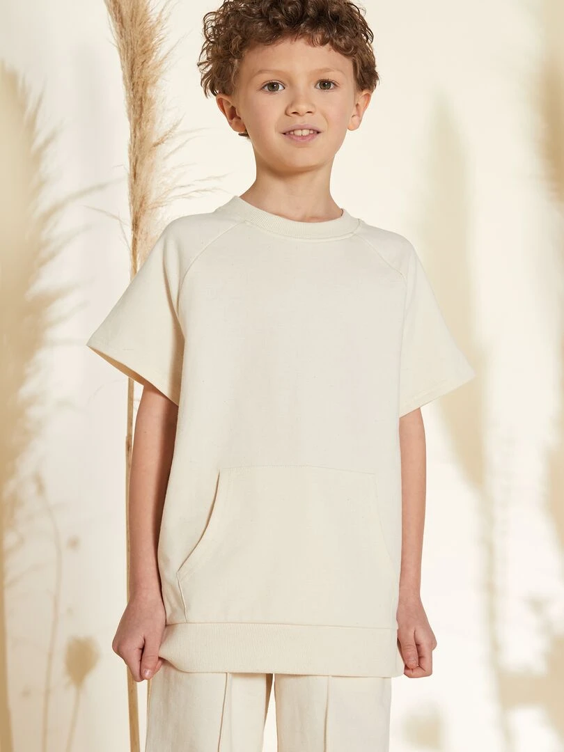 Tee shirt épais en coton avec poche kangourou   Ecru