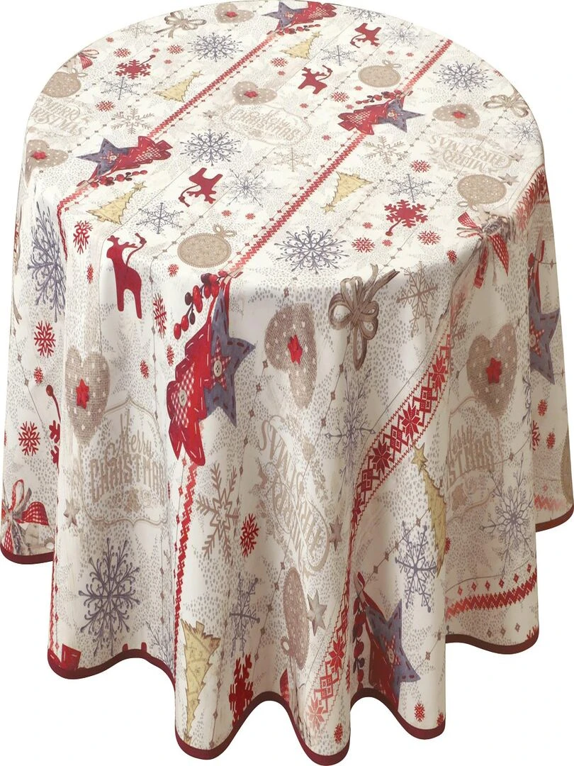 Nappe Anti taches Joyeux Noël   Ronde 160 cm   Blanc Rouge Gris