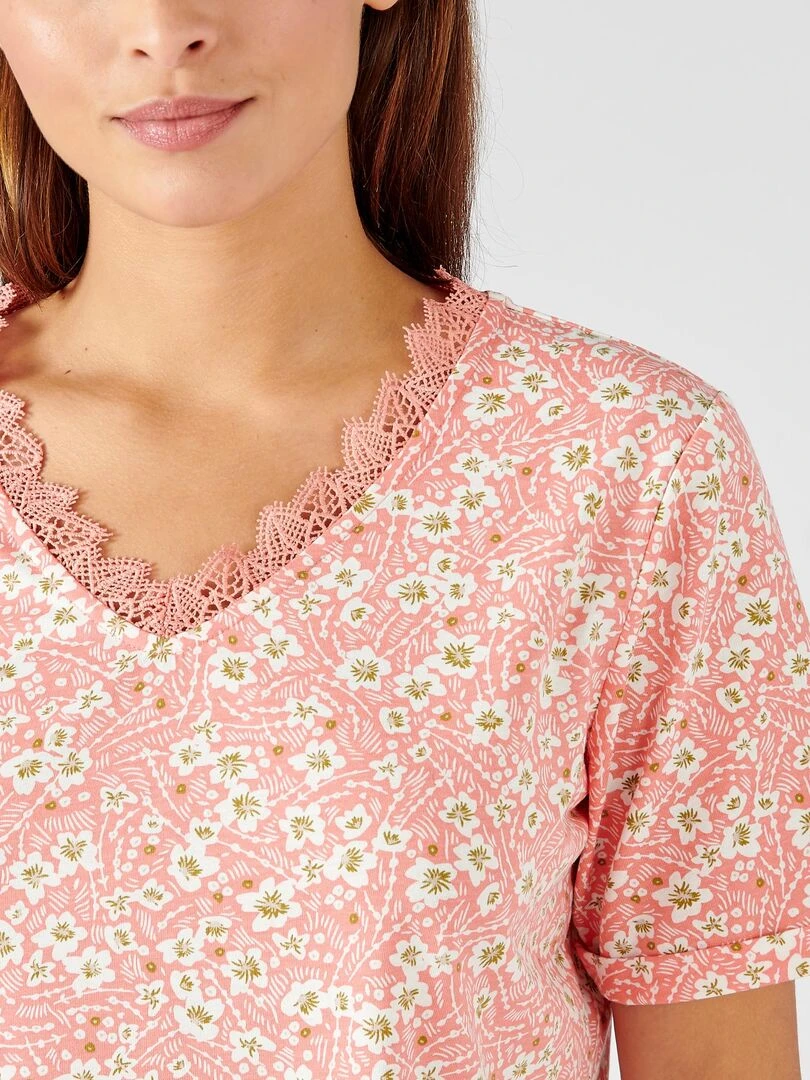 Tee shirt imprimé détails dentelle Damart Orange corail