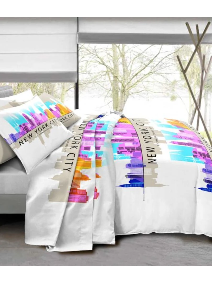 Pack Complet Ny Skyline Rose Housse De Couette Pour Lit 160 X 200 Cm 100% Coton / 57 Fils/cm² Multicolore