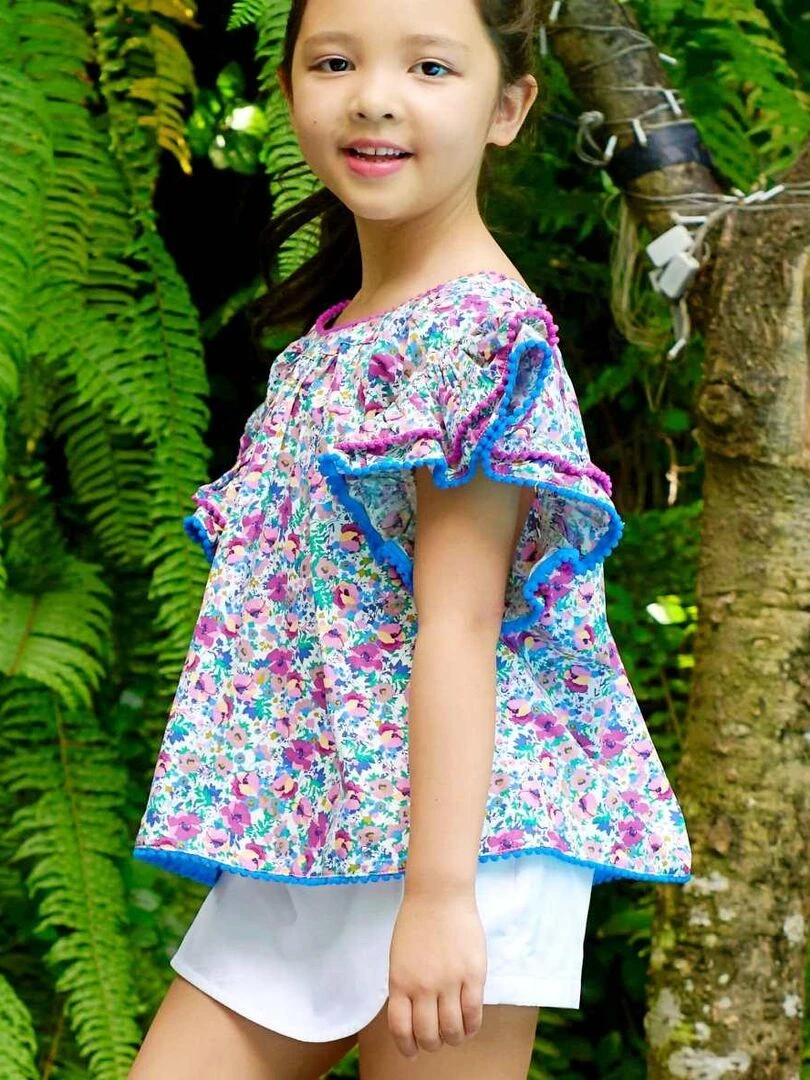 Blouse Fleurie Fille Violette Bleu Roi Manches Papillons BUTTERFLY 'LA FAUTE A VOLTAIRE' Violet