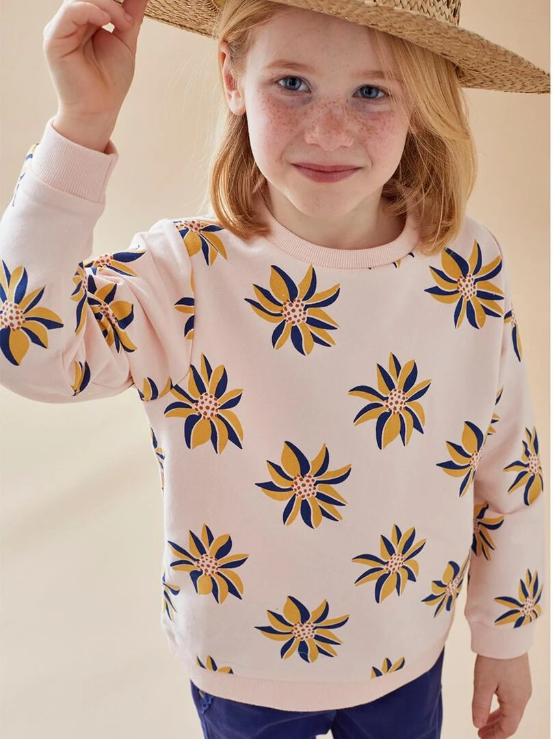Sweat fleuri en molleton clair Rose