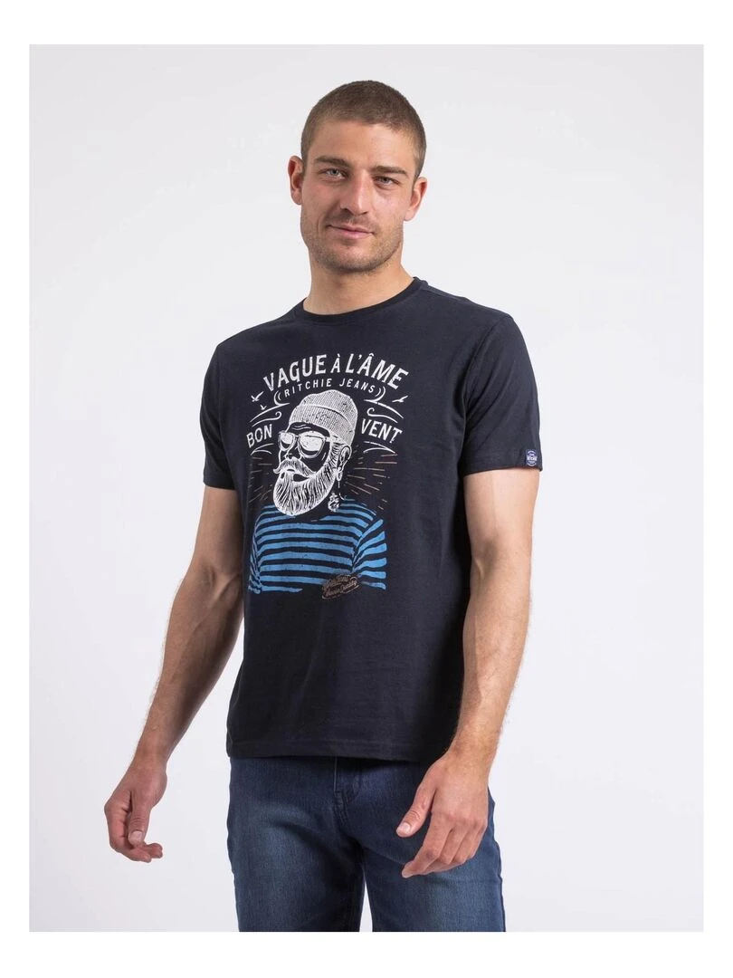 T shirt col rond pur coton NAPLE Bleu marine