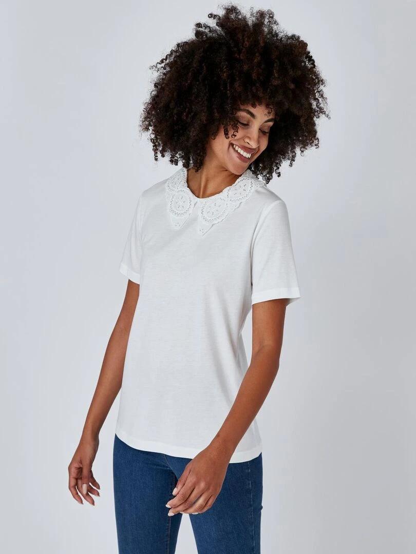 Tee shirt col broderie anglaise   Damart   Blanc cassé