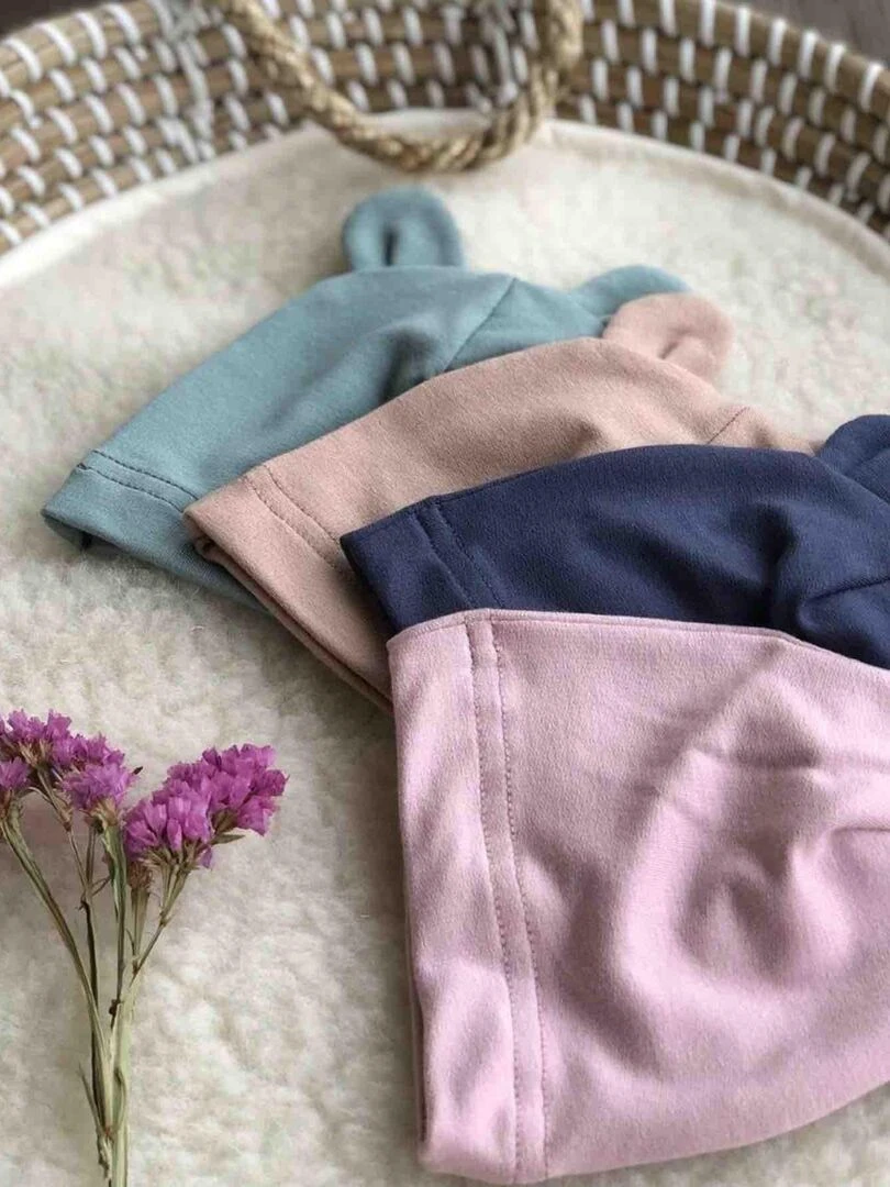 Bonnet ourson bébé en bambou  Uni   Vieux rose
