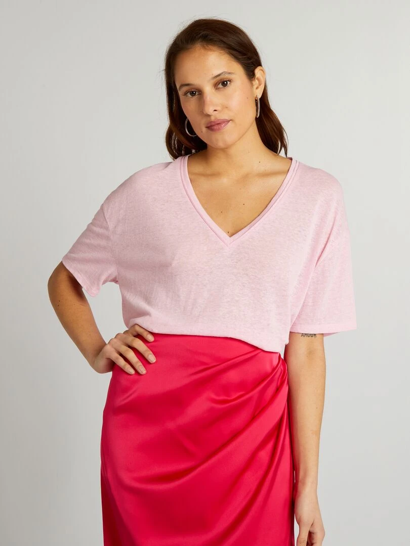 T shirt à col V avec lin Rose