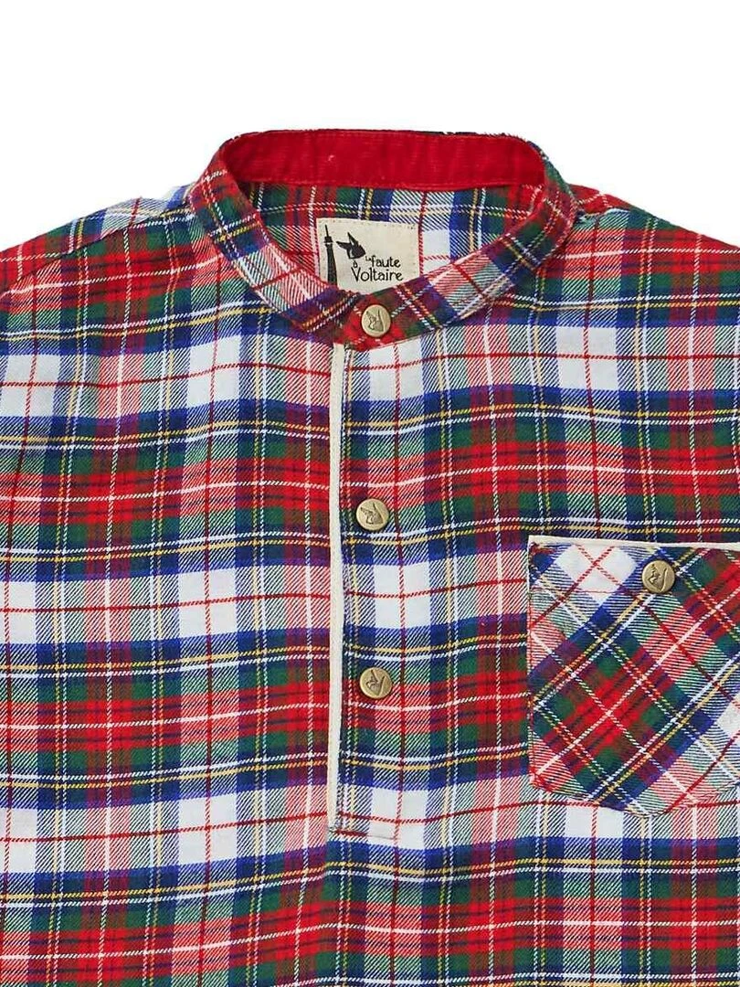 Chemise Noël Garçon  Carrx Tartan Rouge  Col Mao  RIMBAUD   'LA FAUTE A VOLTAIRE'   Rouge