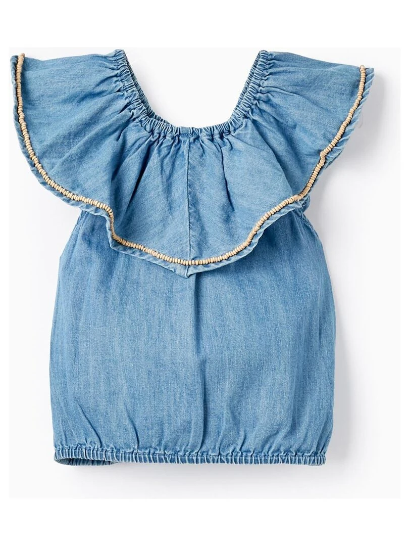 Blouse en jean en coton avec perles pour fille manches courtes Bleu