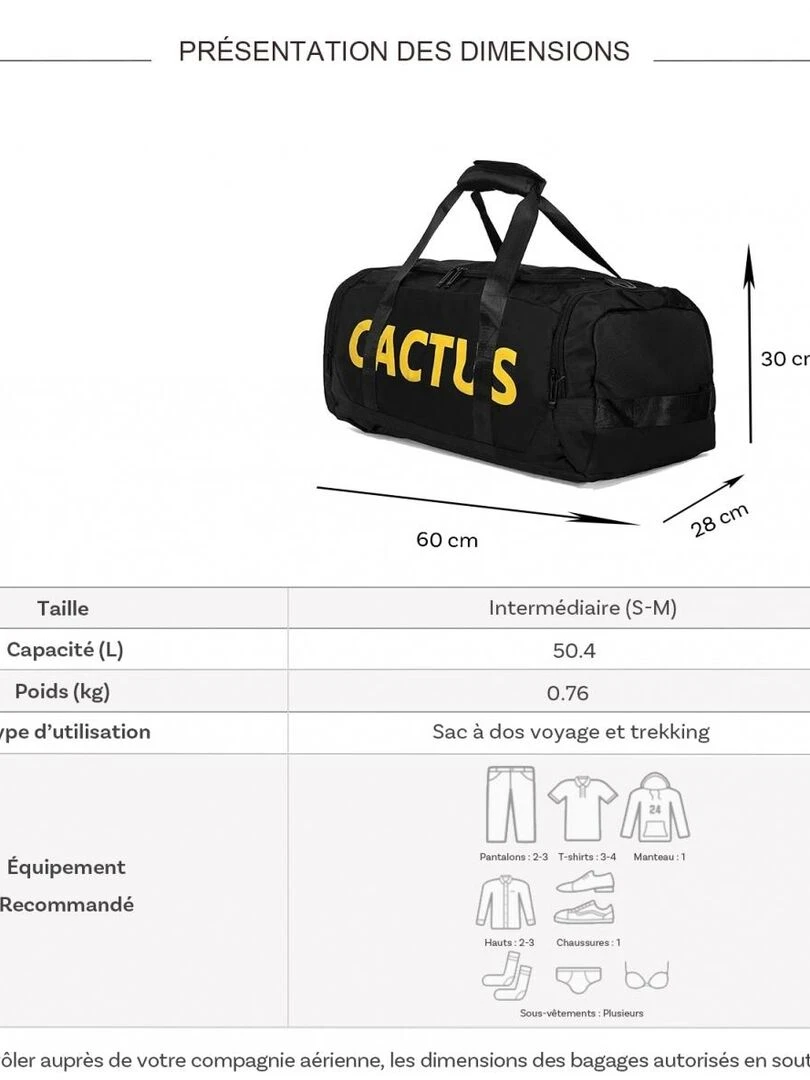 Sac de voyage week end et sport 50L 2en1 porté dos sa Noir