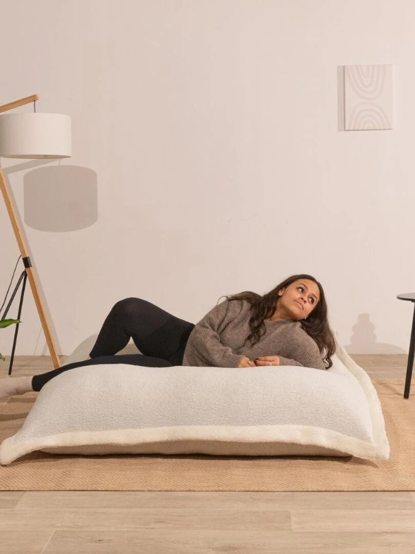 Pouf Bouclette  Sherpa   Doux et Déhoussable   Bananair   Blanc cassé