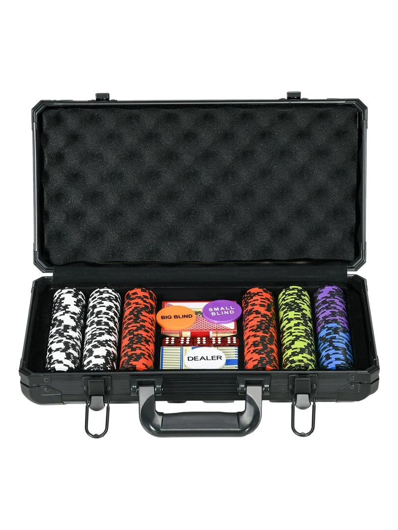 Mallette pro de poker coffret pro poker 300 jetons 2 jeux cartes 5 dés 3 boutons aluminium noir N/A