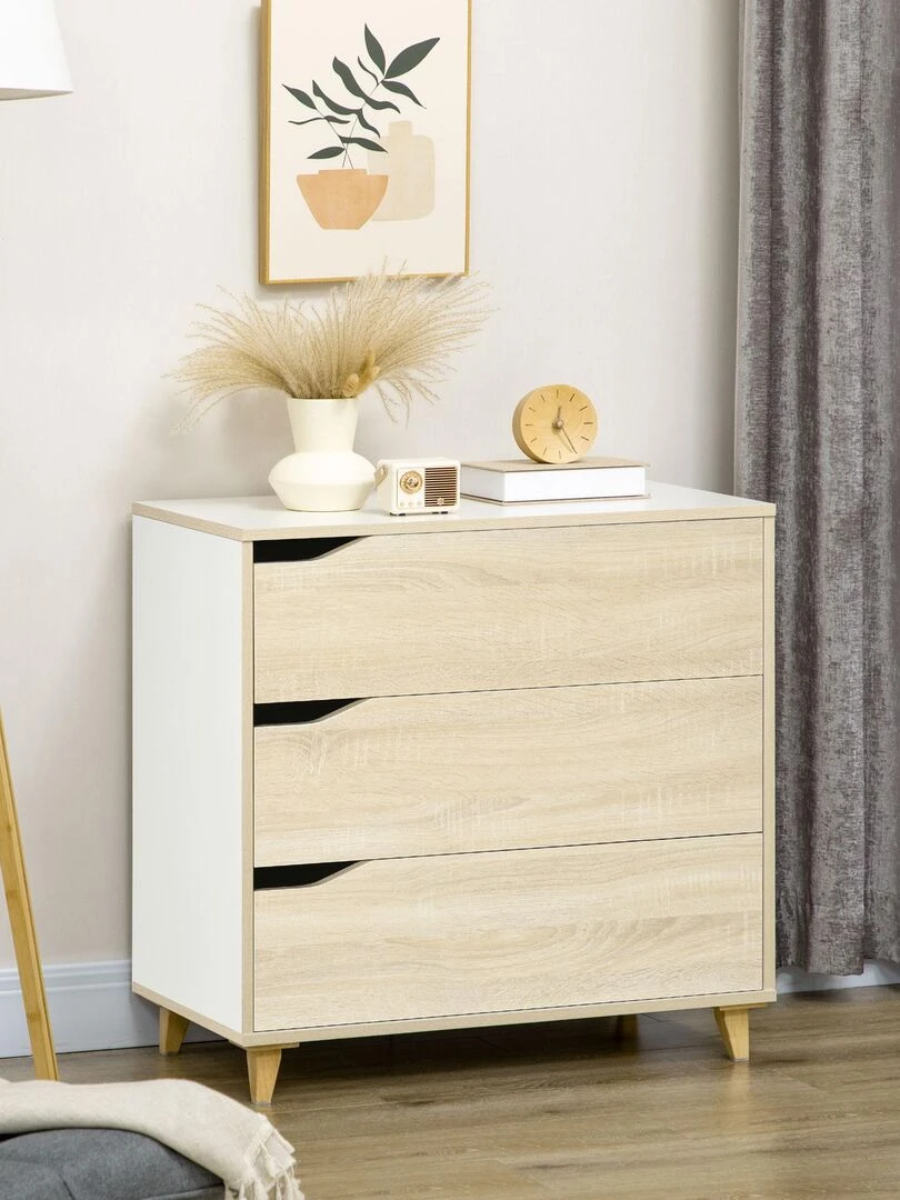 Commode design scandinave 3 tiroirs blanc aspect bois clair Beige