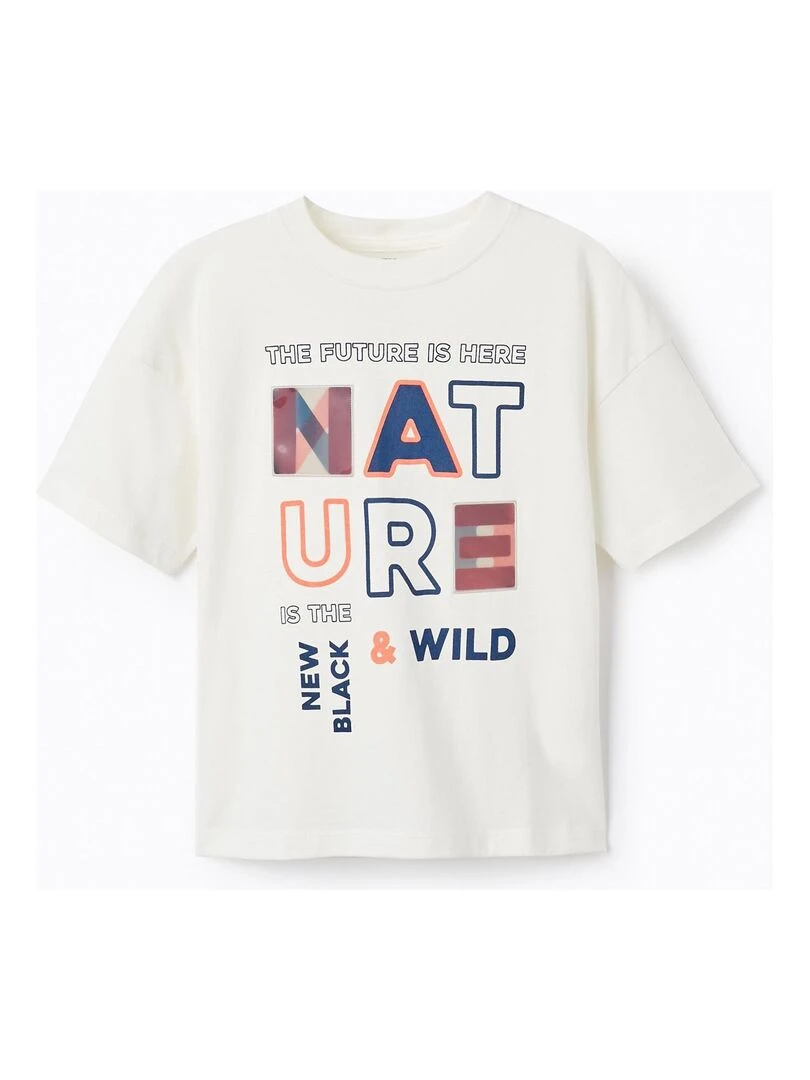 T Shirt en coton à effet holographique pour garçon 'Nature' manches courtes Blanc