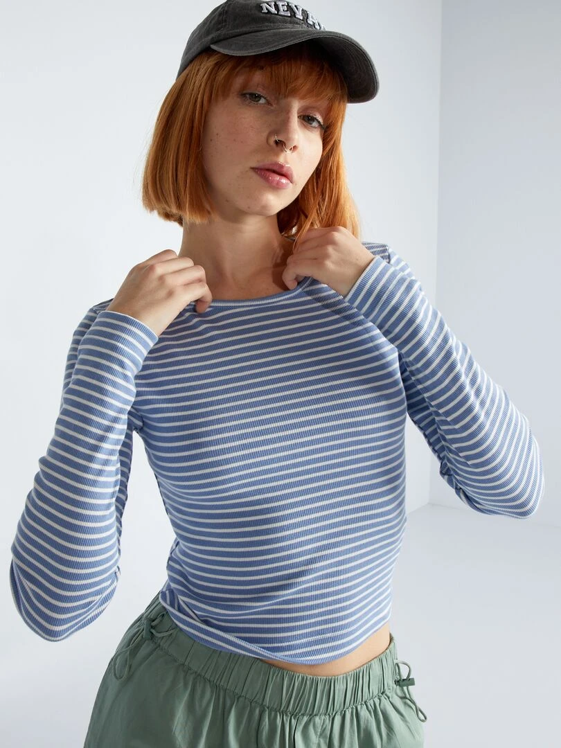 Crop top côtelé à rayures   Bleu/blanc