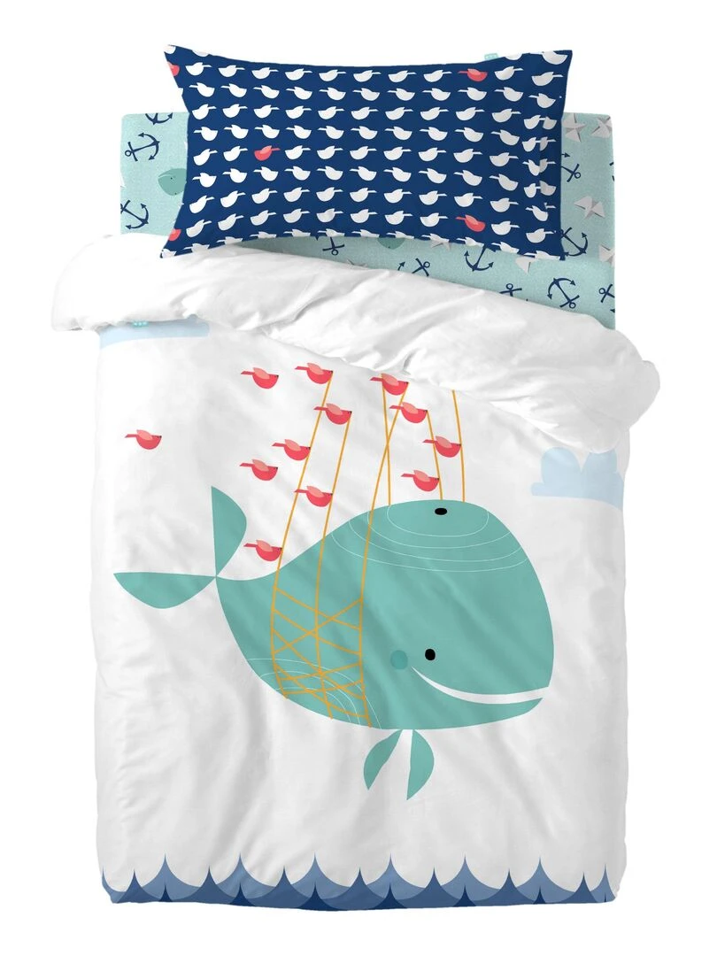 Parure housse de couette 2 pièces Whale "Happyfriday"   Blanc