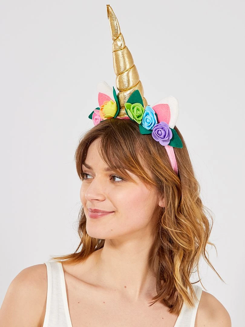 Serre tête licorne à fleurs rose