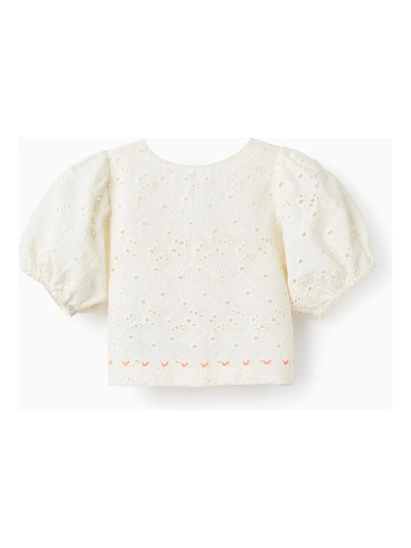 Top Blouse En Coton Avec Broderie Anglaise Pour Fille manches courtes Blanc