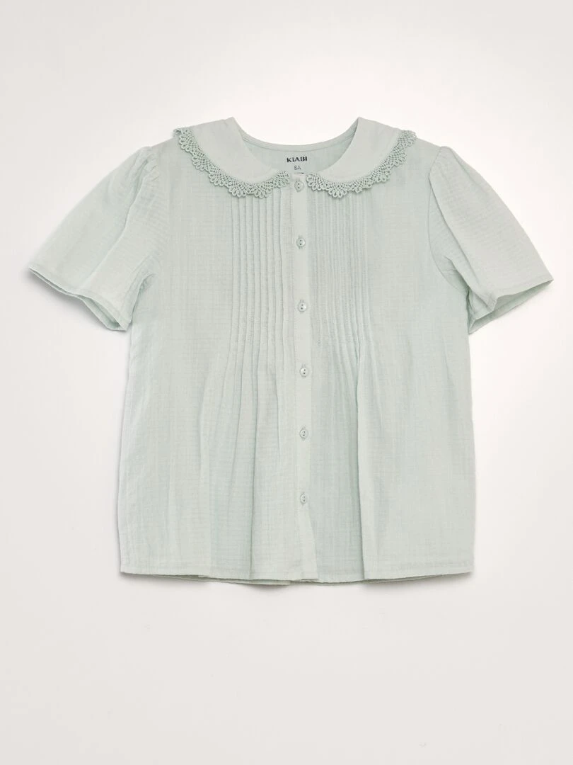 Blouse col claudine en tissu texturé Vert