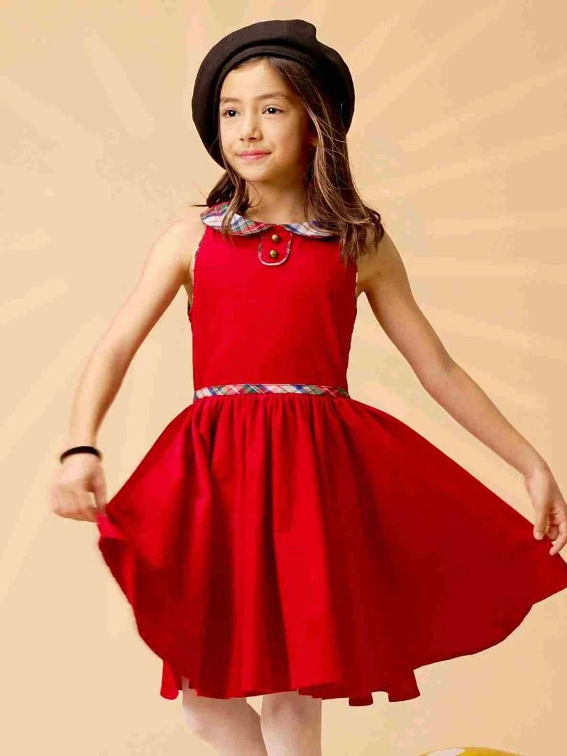 Robe de Noël Fille Velours Rouge carreaux Tartan HEPBURN 'LA FAUTE A VOLTAIRE' Rouge