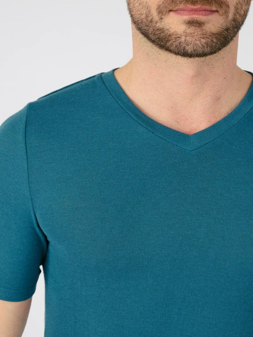 T shirt col V manches courtes fine côte Thermolactyl Sensitive Damart Bleu pétrole