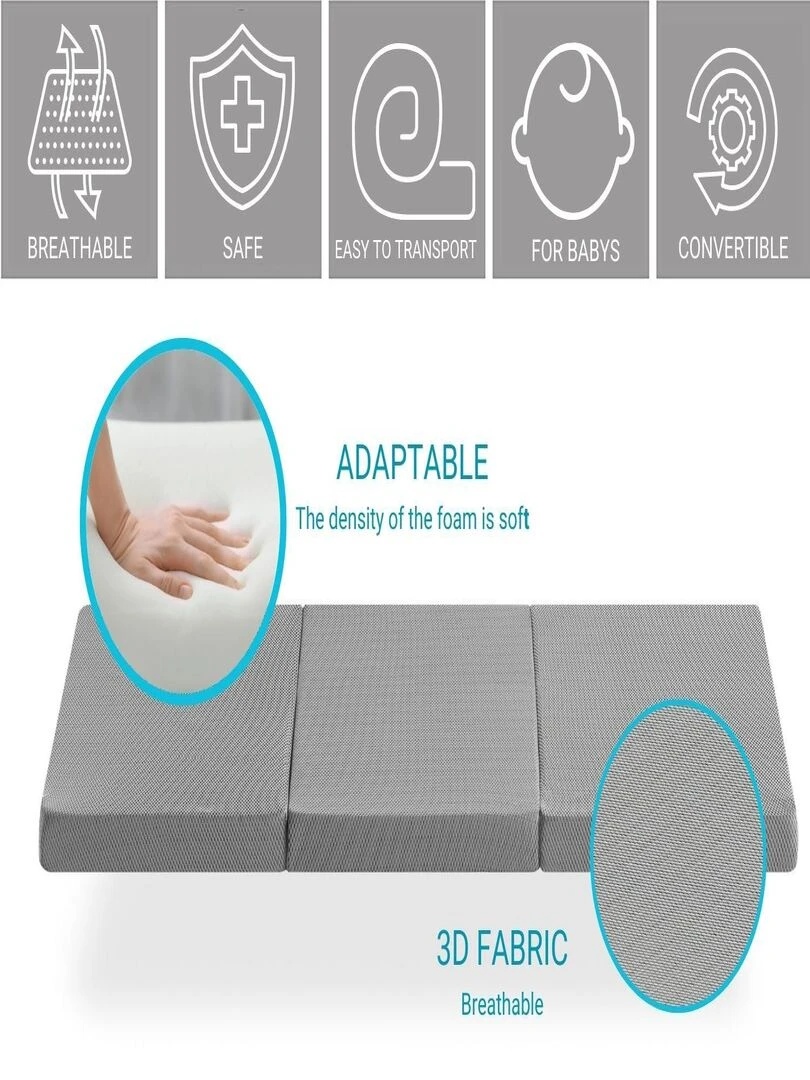 Matelas de voyage pliable 3 pièces pour lit de bébé 120x60 cm  matelas en mousse  épaisseur 5 cm   Gris
