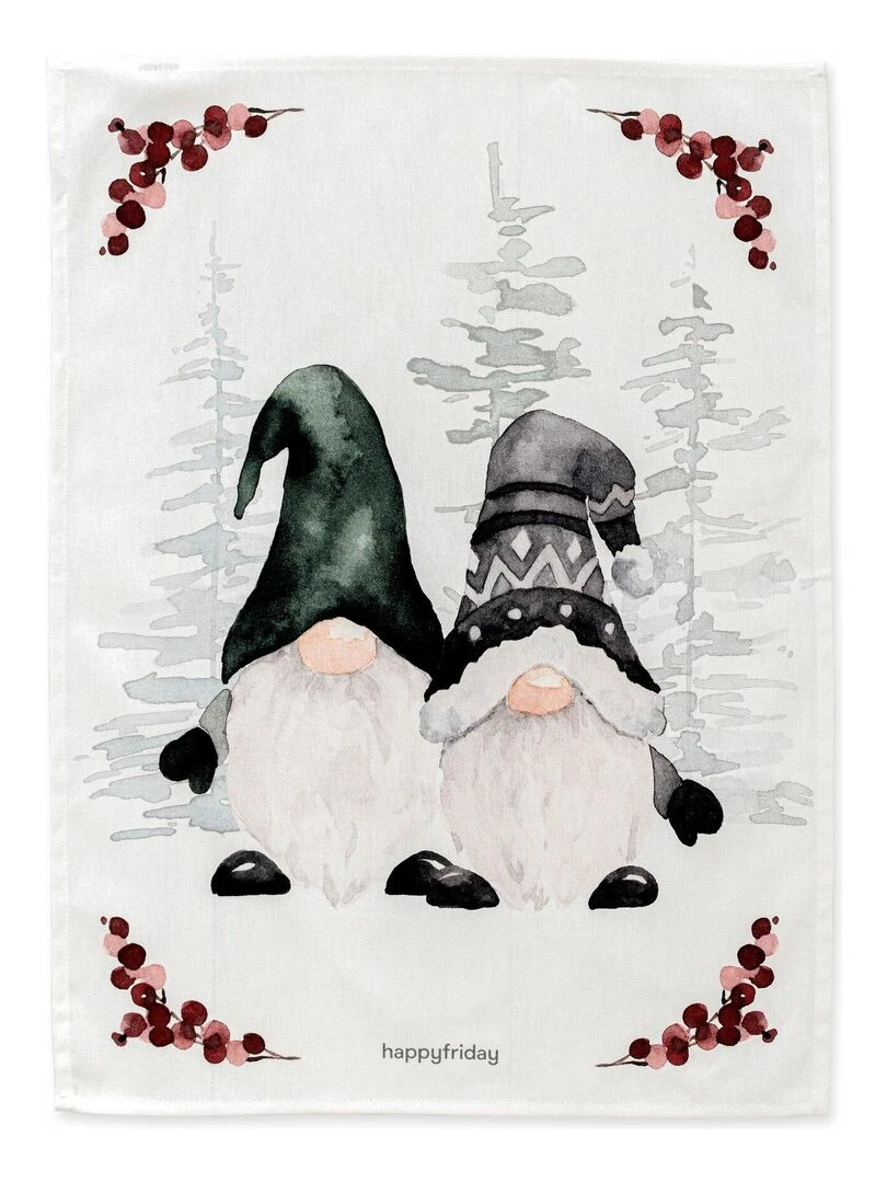 Torchon (2 pièces) Gnomes "Happyfriday"   Blanc