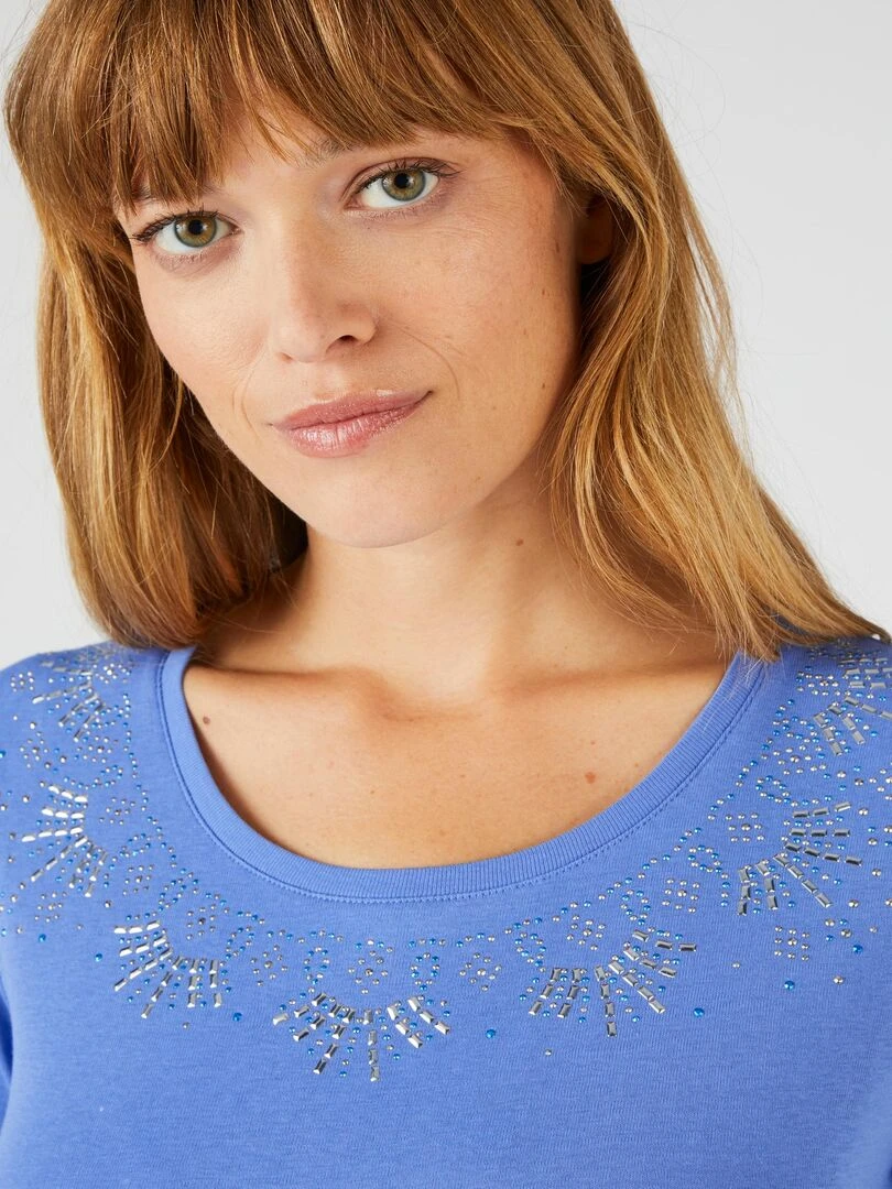 Tee shirt col rond strassé   Damart   Bleu azur