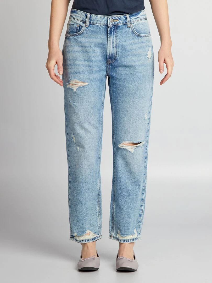 Pantalon denim straight à trous Bleu