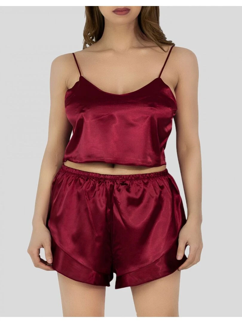 Ensemble Pyjashort fluide en satin Kebello Bordeaux