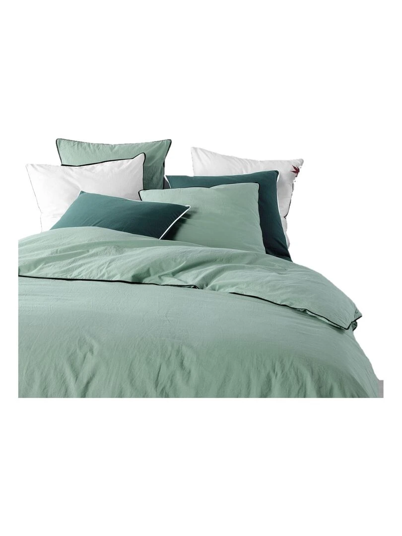 Parure housse couette + taies coton lave Lanettes Vert d'eau