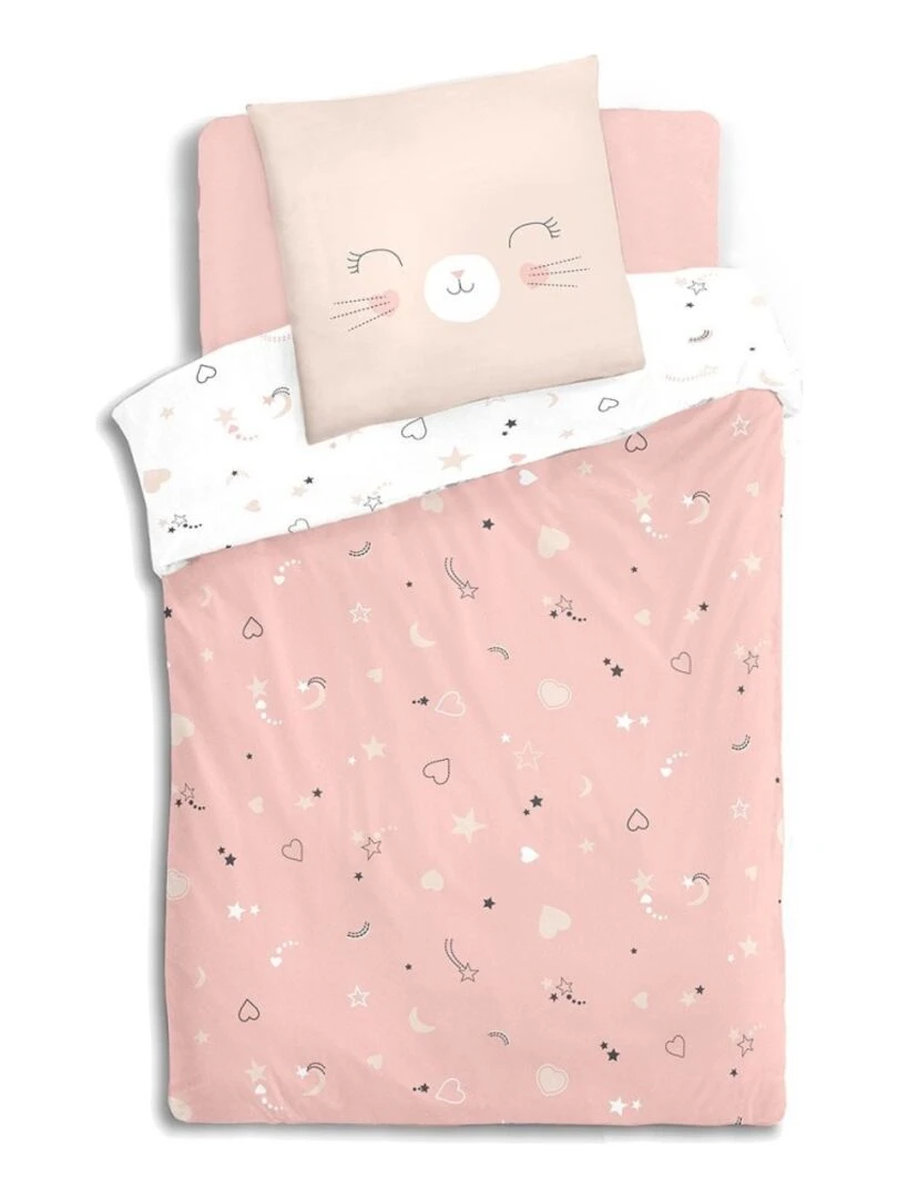 Housse de couette enfant 140x200 Chat + taie 100% coton bio 57 fils Rose