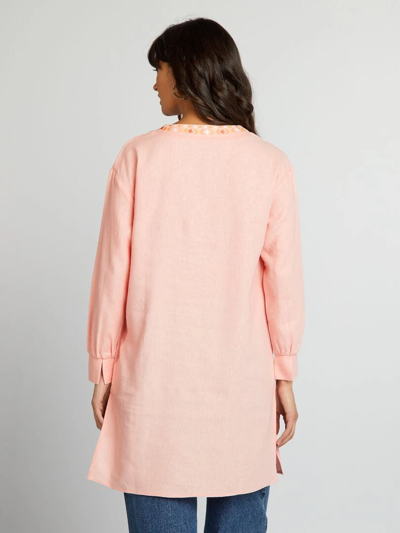 Blouse longue en lin avec col tunisien   Rose